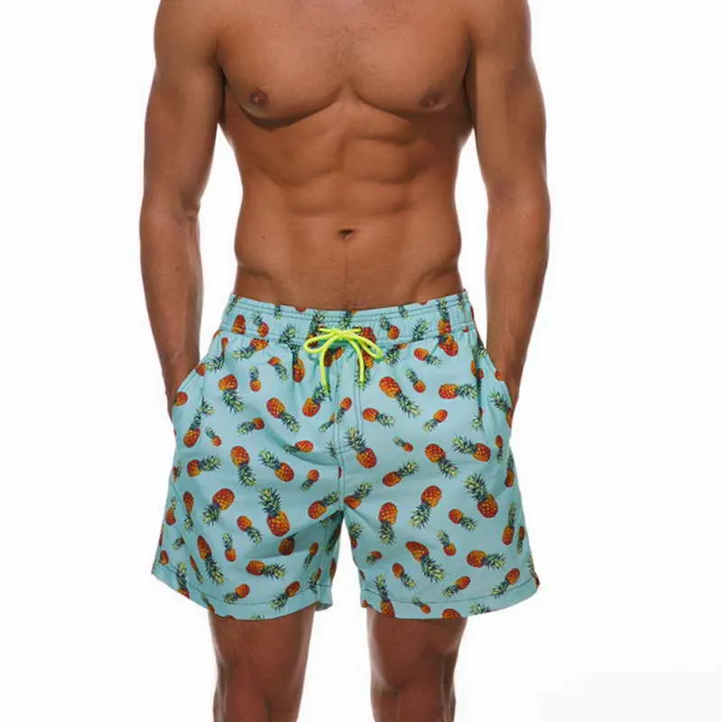 Shorts de praia estampados para homens, bermuda com cordas, forro de malha, roupa de banho, moda praia