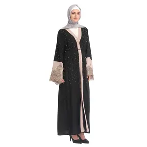 2019 Elegant Islamic Black Coat Saudi Arabia Thobe Abaya With Stones For Women