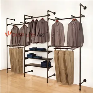 תעשייתי צינור קיר הר מתלה בגדים עם עץ מדף - Product Image 1