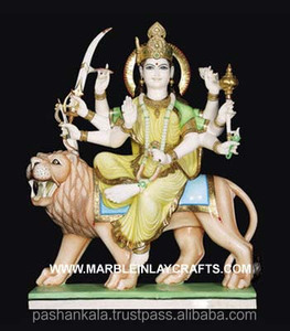 Makrana blanc pur marbre Maa Durga avec Shashtra et avec Lion assis Sculpture élégante faite à la main - Product Image 1