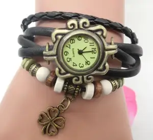 Groothandel Handgemaakte Lederen Wrap Gevlochten Bead Houten Blad Touw Armband Mannen Vrouwen Armband Blad Horloge