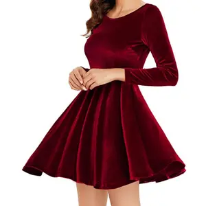 Womens Velvet Dresses Casual Long Sleeve Flare Skater Short Dress Y10520 Winter Mini Can Free, but You Pay Shipping Cost Adults