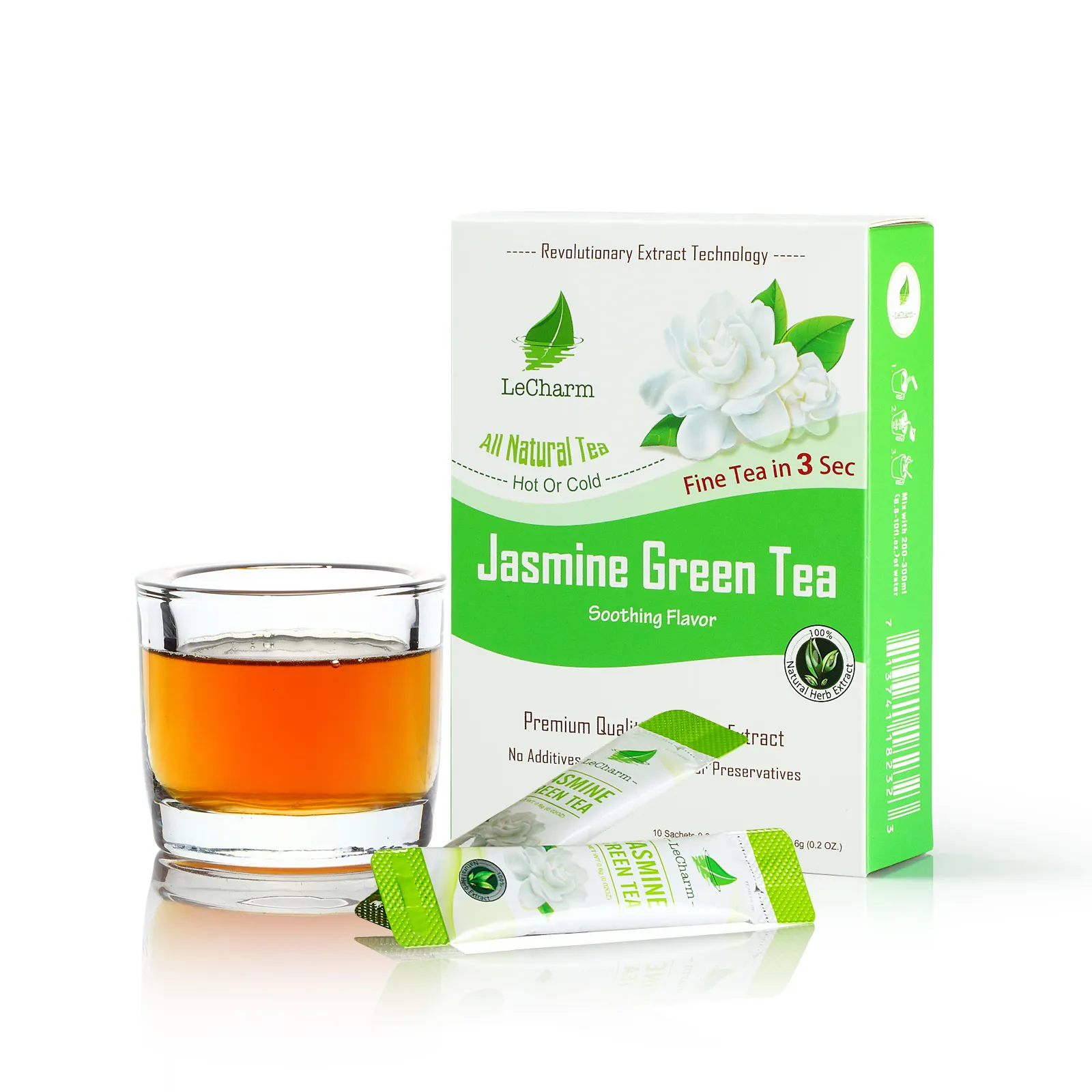 Sachet d'échantillons de thé vert, paquet d'étiquette, fin, saveur jasmin, poudre, avec étiquette privée