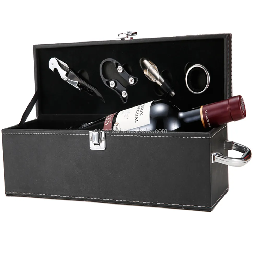 กล่องกระดาษแข็งเดี่ยวสีดำโปรโมชั่น,อุปกรณ์บาร์4ชิ้นขวดไวน์แดงหนัง PU กล่องของขวัญ