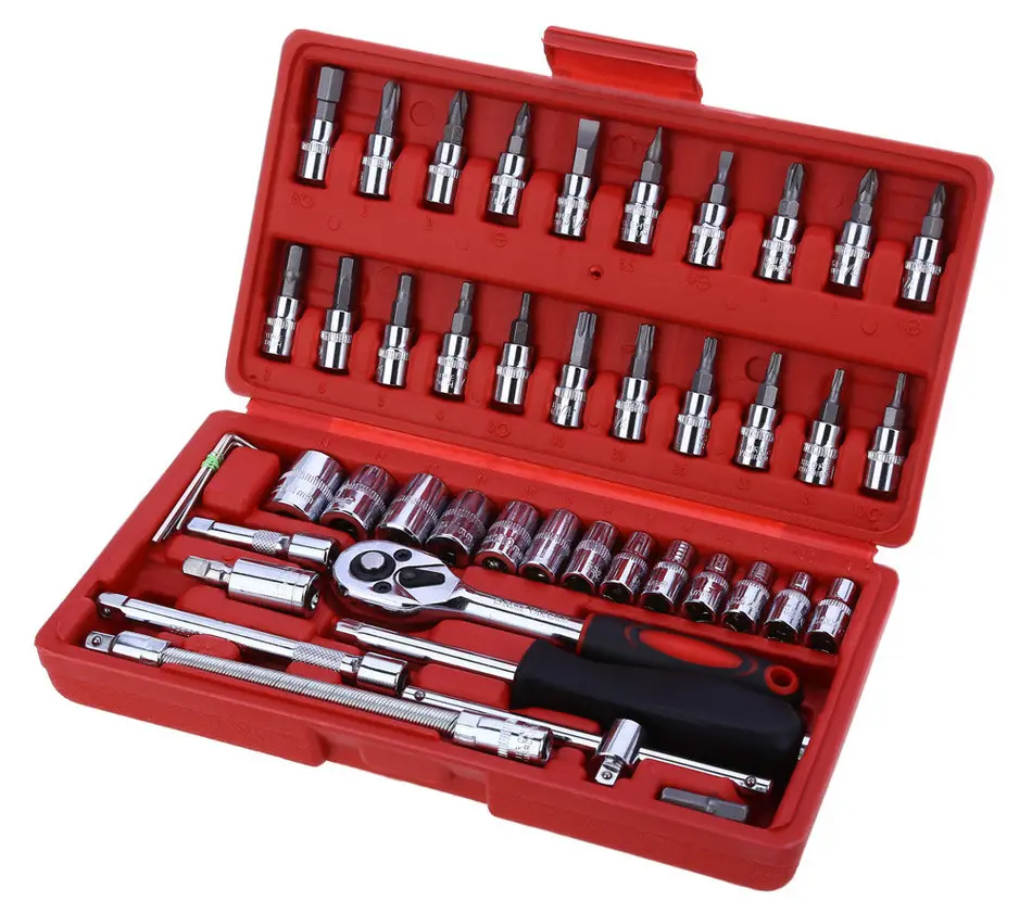 Hoge Kwaliteit Auto 46Pcs 1/4-Inch Socket Set Auto Ratel Momentsleutel Combo Gereedschap Kit Auto Repareren Tool