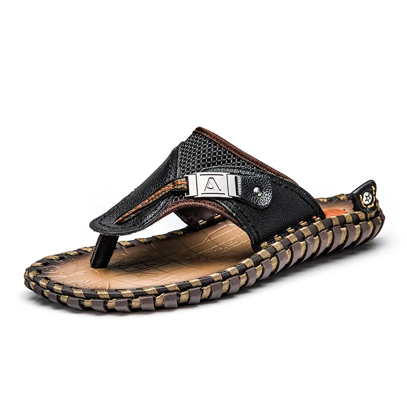 hot sale convenient flip flops soft and breathable beach genuine leather shoes men slippers sandals