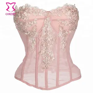 गुलाबी पुष्प Appliques और शिफॉन धक्का Bustier कोर्सेट शीर्ष Corselet Overbust अंगवस्त्र महिलाओं के शरीर शेपर सेक्सी गोथिक अधोवस्त्र