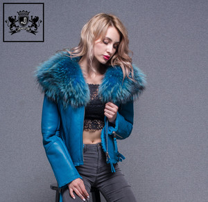 2017 Belle Gigger Raton Laveur Col De Fourrure <span class=keywords><strong>Veste</strong></span> Manteau En Peau de Mouton Femmes Véritable Cuir de Mouton <span class=keywords><strong>Veste</strong></span> Pour Dame - Product Image 6