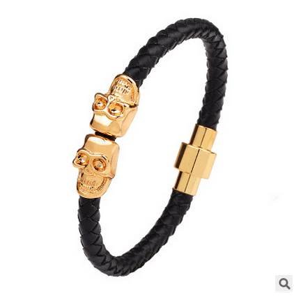 Mode En Gros Bijoux En Acier Inoxydable crâne Tressé Bracelets Magnétique Boucle Hommes Véritable Bracelet En Cuir