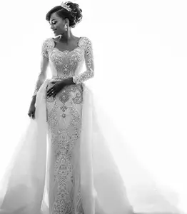 2022 African Long Sleeve Mermaid Wedding Dress With Detachable Overskirt Lace Crystal Beading Bridal Gowns vestido de novio