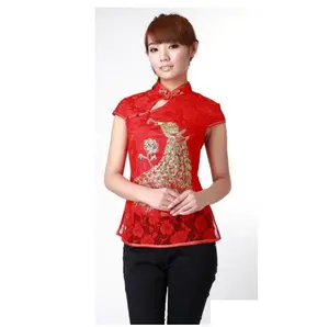 Chinese Traditionele Kostuum Kanten Korte Mouw Tops Borduurwerk Stof Cheongsam Shirt Voor Vrouwen