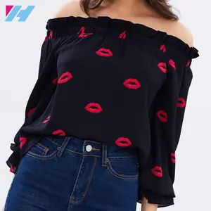 YIHAO Latest Design Mature Ladies Printed Long Sleeve Off Shoulder Black Chiffon Women Tops And Blouses With Red Lips