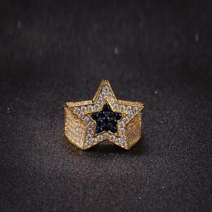 Hiphop Mens mavi yıldız safir mikro kaplamalı CZ yüzük bakır pirinç kaya rapçi yüzük erkekler için