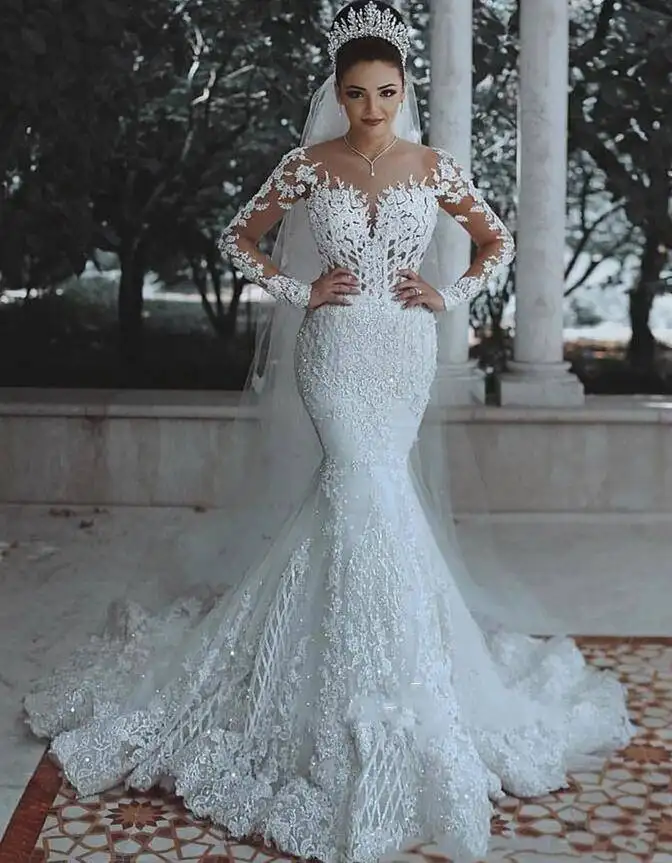 Sexy de lujo de alta calidad marfil lentejuelas vestido de boda Apliques de encaje vestido de novia con tren de barrido de 2020 vestidos de novia