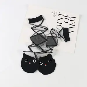 Chaussettes tubulaires en soie noire pour femmes et jeunes filles, avec animaux mignons, transparents, sexy, été,