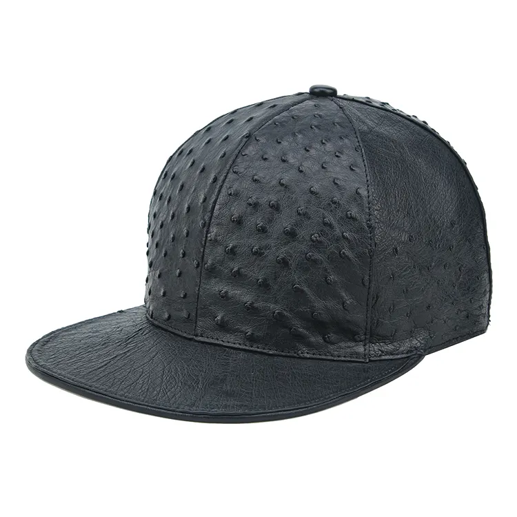 Pelle di struzzo di snapback della protezione 6 pannello visiera piatta pianura personalizzato nero pelle di struzzo snapback cap e cappello