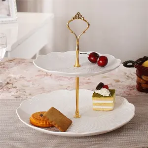 European Afternoon Tea Ceramic Cake Plate Gold Handle 2 Tier Cake Stands for Wedding Party Cup Cakes