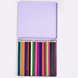 Wholesale sharpened white wood good quality 24pcs metal box color pencil for kids drawing