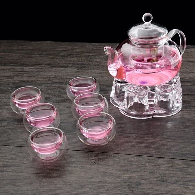 borosilicate Glass Filtering Tea Maker Teapot with a Warmer and 6 Tea Cups Set