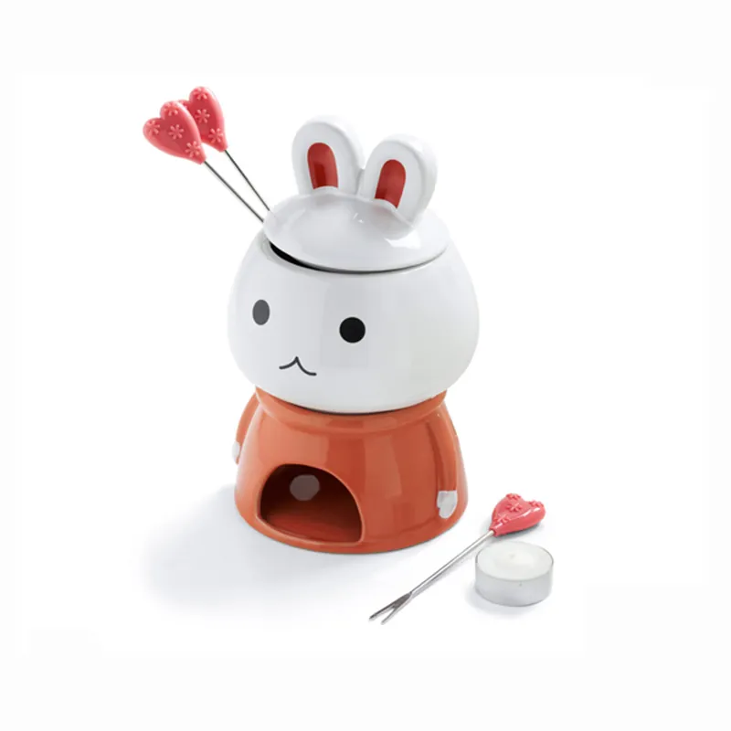 Witte Schattige Konijn Keramische Fondue Pot Set