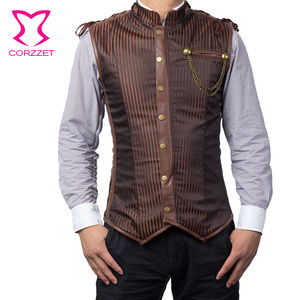 <span class=keywords><strong>Gilet</strong></span> corset <span class=keywords><strong>sans</strong></span> manches en coton rayé à col montant marron pour <span class=keywords><strong>homme</strong></span>, veste steampunk, vêtements gothiques pour <span class=keywords><strong>homme</strong></span> - Product Image 2