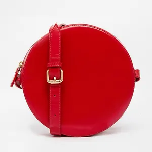 Bolso cruzado circular de piel auténtica para mujer, Cartera de cuero rojo llamativo, redondo