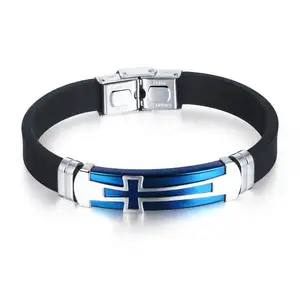 Vendita calda Stock di disegni misti braccialetti incrociati in acciaio inox Silicone religioso bracciale croce spagnolo da <span class=keywords><strong>uomo</strong></span> - Product Image 4