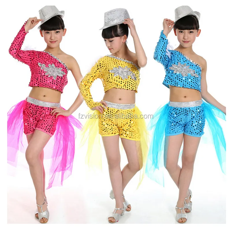Costume de danse Hip Hop moderne pour fille, vêtement à paillettes, bleu, Jazz, pour enfants, haut court