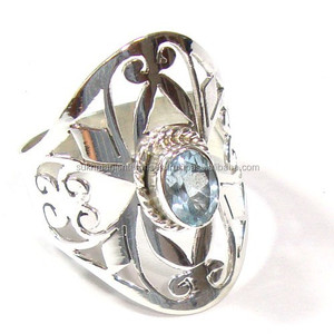 Exquis bleu topaze argent sterling 925 fait à la main style bohème léger anneau éternité vermeil femmes anneau - Product Image 1