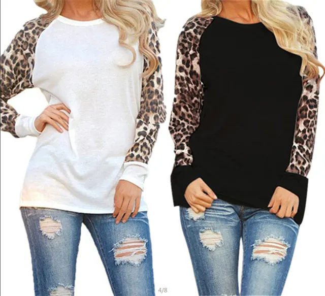 Women's Popular Leopard Print Casual Blouse Long Sleeve Raglan T Shirts