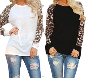 Popolare delle donne delle donne Della Stampa Del Leopardo Camicetta Casual A Manica Lunga Bicolore T-Shirt - Product Image 1