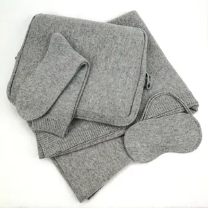 Mongolian Cashmere 4-teiliges Set Flugzeug Schlaf Augen maske Warm Komfortable Kaschmir decke Plain Knitted Cashmere Travel Set