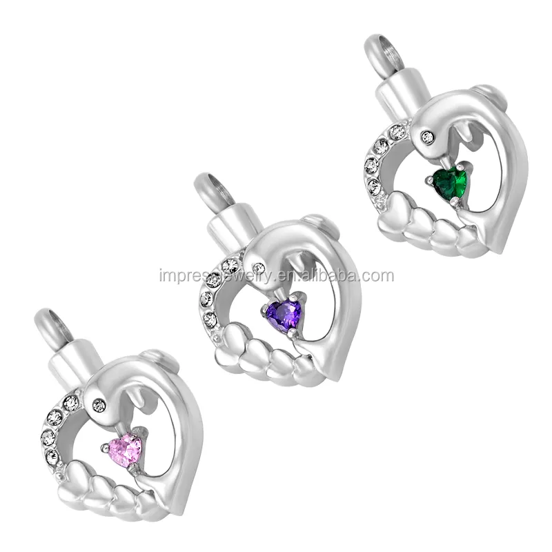 IJD9625 Dolphin Heart Hold Pink/Green/Purple Zircon Stainless Steel Keepsake Cremation Urn necklace to keep ashes in