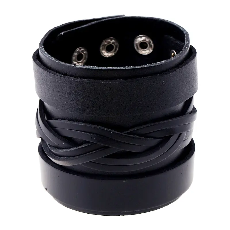 Wide Genuine Leather cuff bracelet with Snap Buttons fashion cowhide leather Buckled Bracelet for men