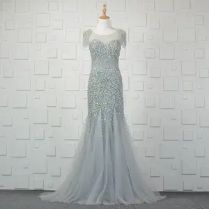 Robe de soirée couleur Champagne/argent perlée, manches courtes, perles de cristal, dos bas, Style occidental, robes d'occasion pour les femmes, modèle 2019