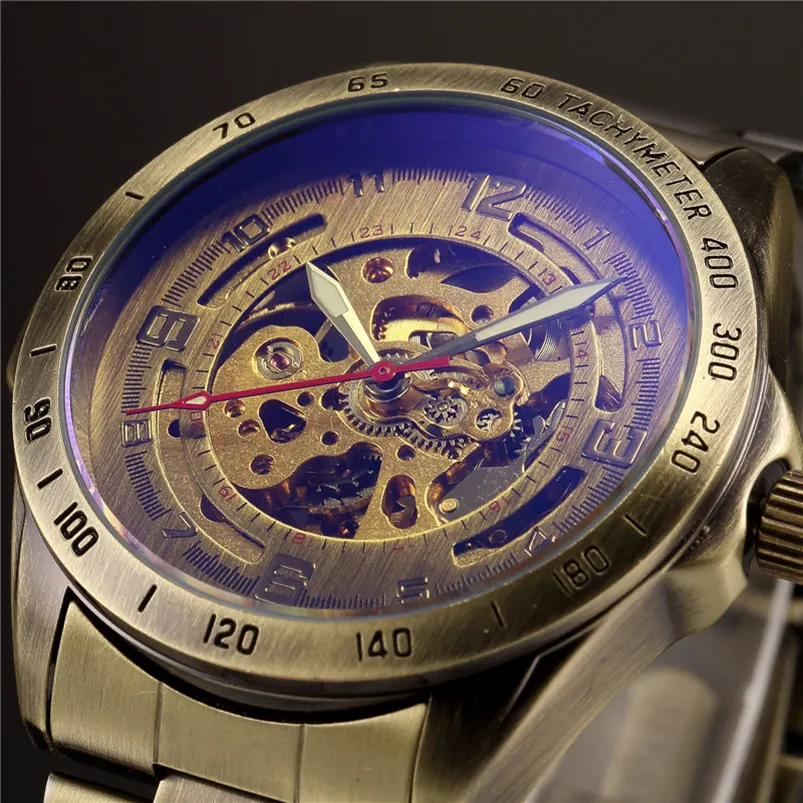 Механические часы-скелетоны в старинном стиле мужские, винтажные наручные часы-скелетоны из латуни и стали в стиле стимпанк, с синим циферблатом