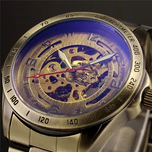 Antique Design Automatic Skeleton Mechanical Watch Vintage Brass steel Men's Wristwatch Skeleton Steampunk Clock Male Blue Dial