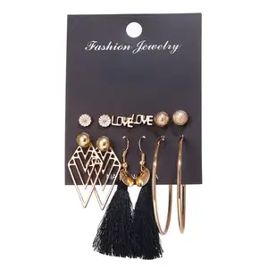 6 pairs Assorted Multiple Stud Hoop Dangle Earrings Set Women Girls Love Ball Flower Bohemian Long Tassel Drop Earrings Pack