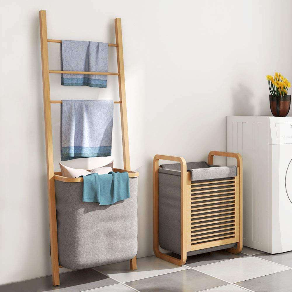 Laundry Sorter Towel Rack With Laundry Basket Wall Leaning Ladder