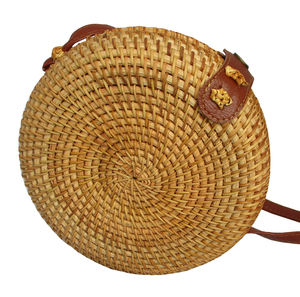 กระเป๋าโฮโบผู้หญิงทำมือวินเทจฟางสานทรงกลมทำจากหนังและผ้าลินินซับในกระเป๋าถือหวายสายเดียว - Product Image 1