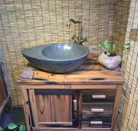 Lavabo en pierre ronde, 4 pièces, comptoir en bois