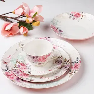 High Quality New Bone China Porcelain Plates Dinnerware Sets Rose Tableware Charger Plates Dinner Set