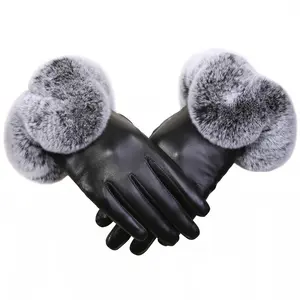 Günstige Invierno Touch warme Cuero Rex Kaninchen fell Winter Frauen Schaffell Handschuhe Leder