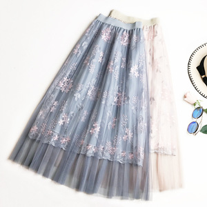 Summer <strong>Pleated</strong> <strong>Skirt</strong> Mesh <strong>Pink</strong> Beige Blue Embroidery Elastic Waist Long <strong>Skirts</strong> Womens Bandage Sexy Party Office Lady Midi <strong>Skirt</strong> - Product Image 3