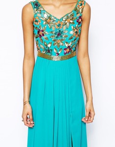 Vestidos de Noche Formales Largos sin Mangas de Gasa Azul Rey con Corte Imperio y Línea A con Lentejuelas Pedrería y Cuentas - Product Image 3