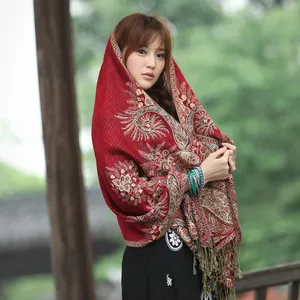 Double sides woven two big paisley pashmina scarf with manual tassels wholesale suppliers