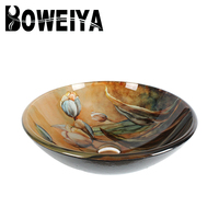 Vasque de salle de bain Boweiya moderne en verre trempé rond brun peinte à la main
