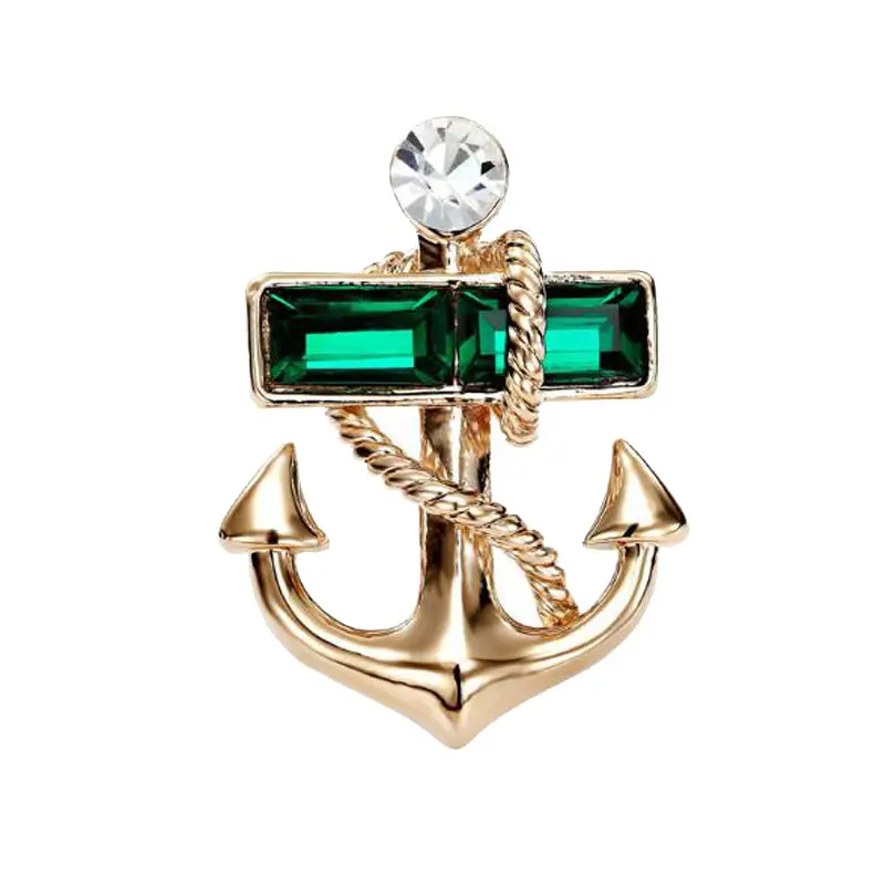 Gold Plated Emerald Crystal Bouquet Yacht Sailing Sailor Boat Anchor若者人気Pin Brooch Jewelry