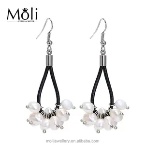 6-7mm Small Pearls Earrings and Leather Cord Dangling Pearl Earrings with Silver Hook for Women