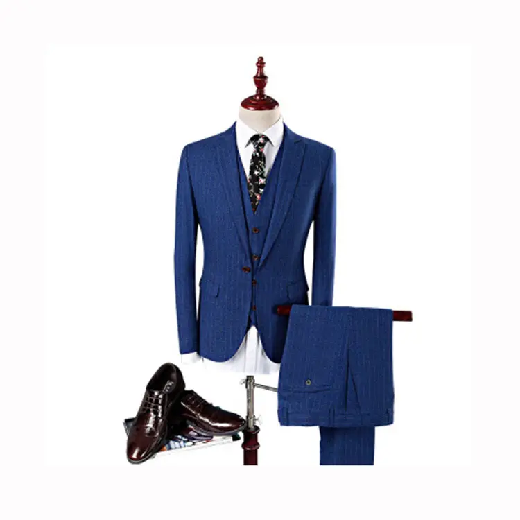 OEM Mais Recente Design Elegante 3pcs dos homens Feitos Sob Encomenda Do Vestido de Casamento Elegante do Negócio Terno Listrado Azul Blazer